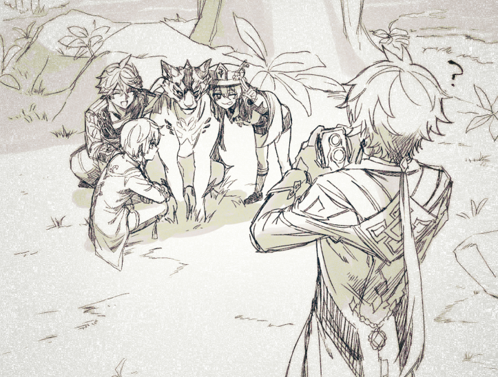 hu tao, zhongli, tartaglia, xingqiu, and rishboland tiger (genshin impact) drawn by togatamaki