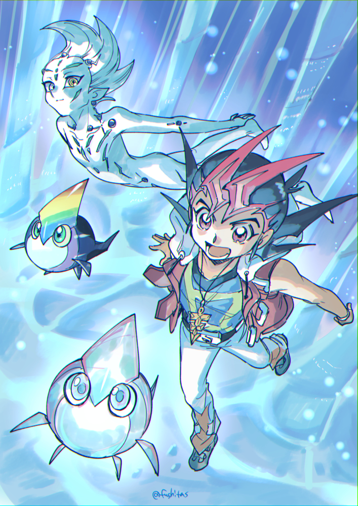 tsukumo yuma, astral, rainbow kuriboh, and astral kuriboh (yu-gi-oh! and 1 more) drawn by fushitasu