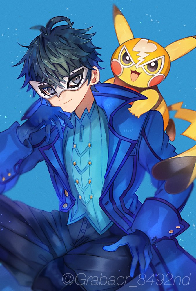 pikachu, amamiya ren, joker, cosplay pikachu, and pikachu libre (pokemon and 3 more) drawn by yasaikakiage