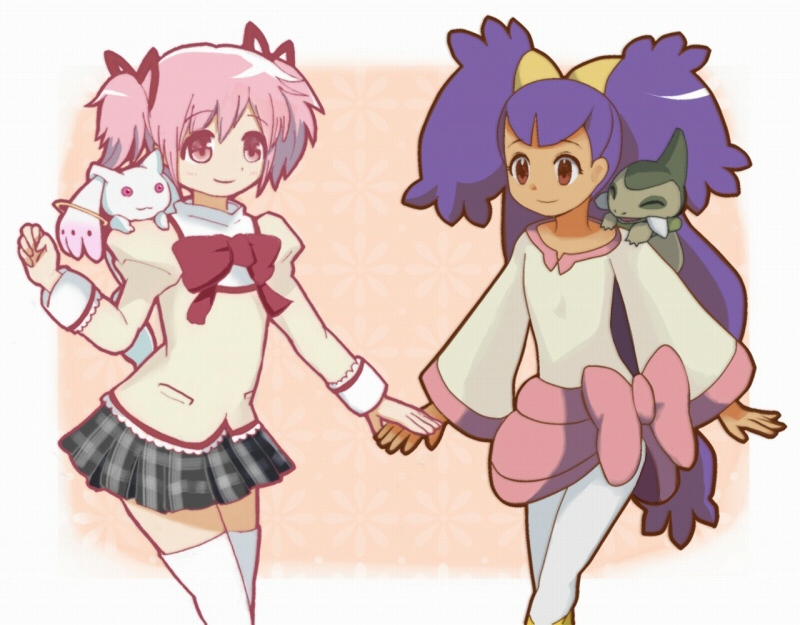 kaname madoka, kyubey, iris, axew, and yuuki aoi (pokemon and 1 more) drawn by pako_(ca23pel)