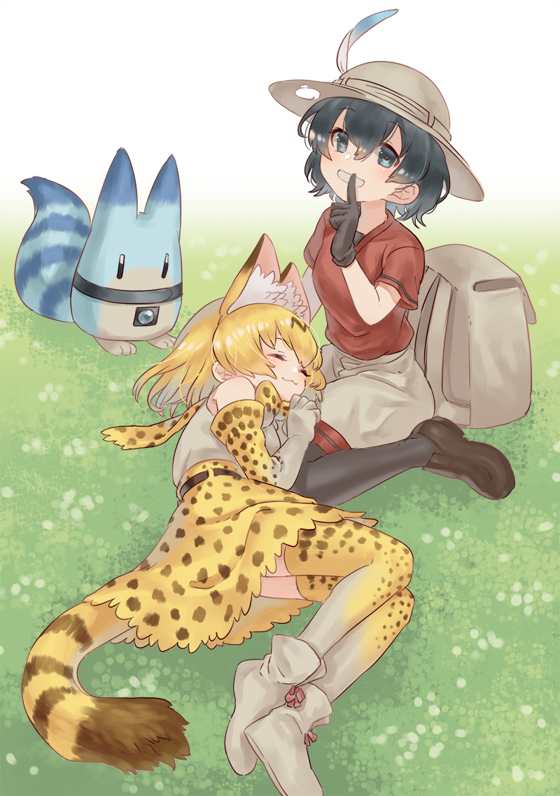 serval, kaban, and lucky beast (kemono friends) drawn by inukoro_(spa)