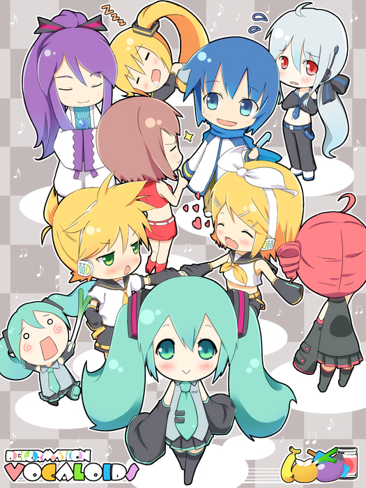 hatsune miku, kagamine rin, kagamine len, kasane teto, kaito, and 5 more (vocaloid and 1 more) drawn by tsukina_(artist)