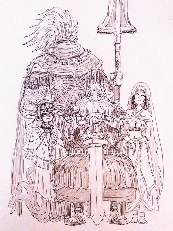 dark sun gwyndolin, nameless king, queen of sunlight gwynevere, and gwyn lord of sunlight (dark souls and 2 more) drawn by atakabouchi
