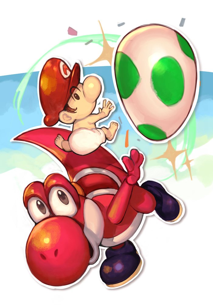 mario, yoshi, baby mario, and red yoshi (mario and 1 more) drawn by hungry_clicker