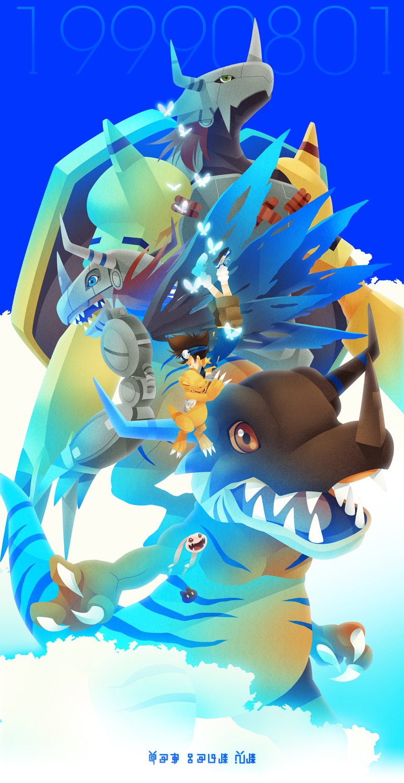 yagami taichi, agumon, wargreymon, greymon, koromon, and 2 more (digimon and 1 more) drawn by 0313
