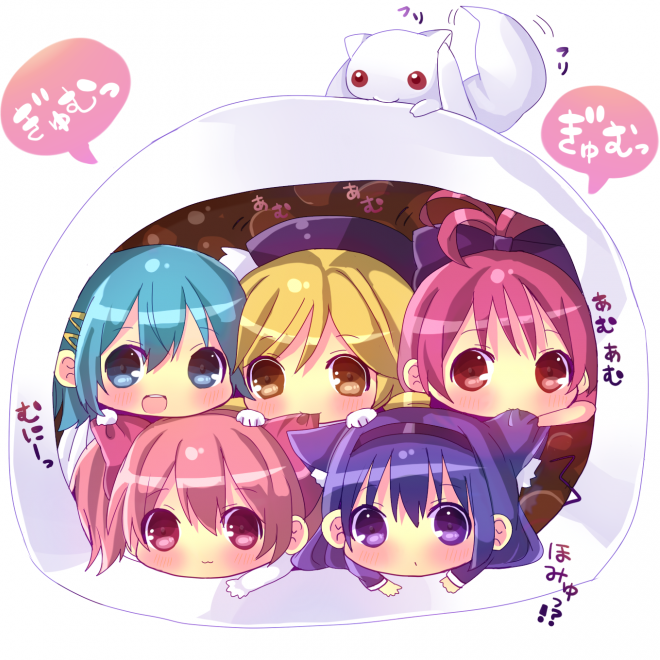 akemi homura, kaname madoka, miki sayaka, sakura kyoko, tomoe mami, and 1 more (mahou shoujo madoka magica) drawn by chocolat_(momoiro_piano)