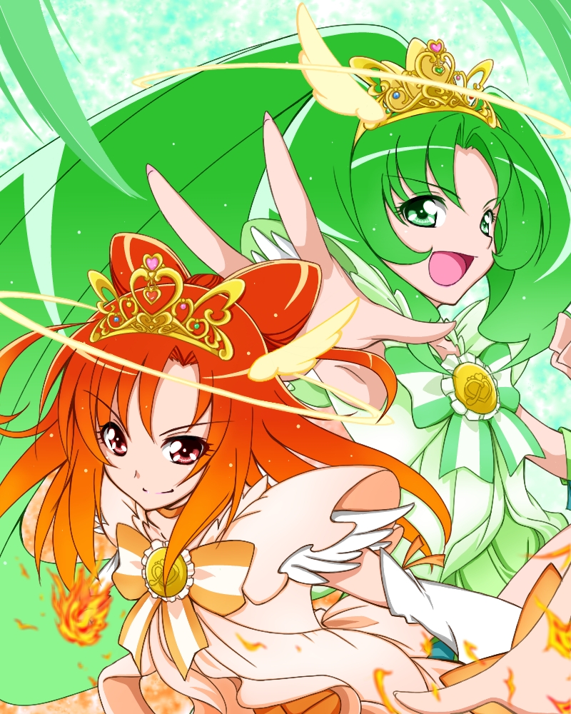 midorikawa nao, hino akane, cure march, and cure sunny (precure and 1 more) drawn by kuon_(nokokopopo)