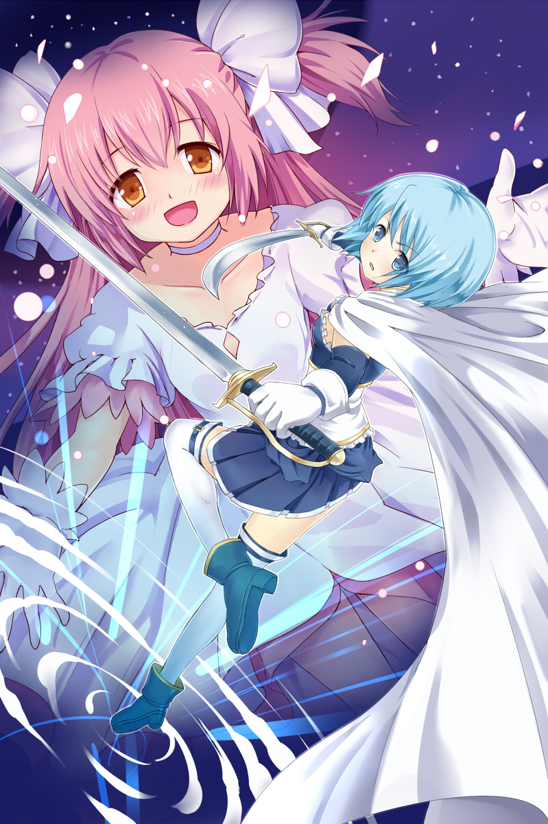 kaname madoka, miki sayaka, and ultimate madoka (mahou shoujo madoka magica) drawn by blue_door