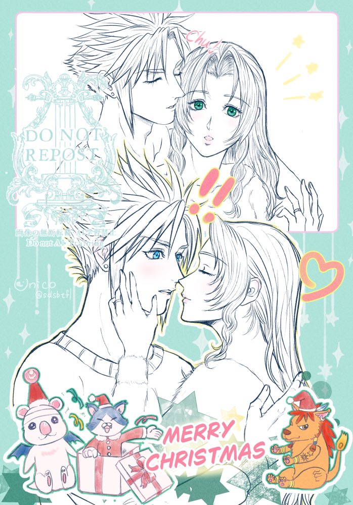cloud strife, aerith gainsborough, moogle, red xiii, and cait sith (final fantasy and 3 more) drawn by sdsbtfl