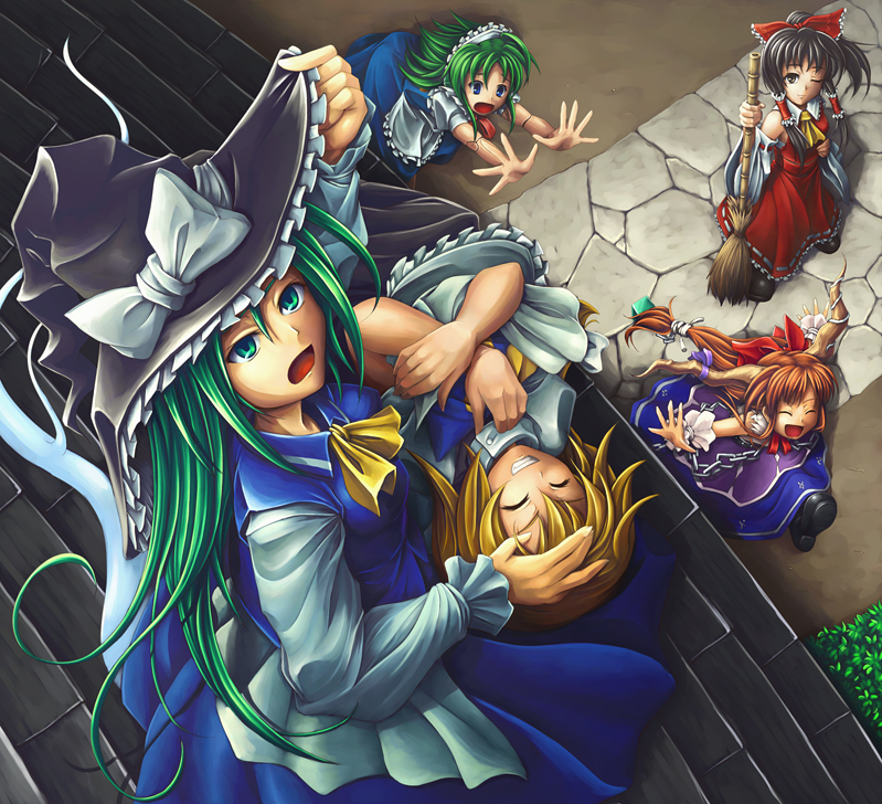 hakurei reimu, kirisame marisa, ibuki suika, mima, and ruukoto (touhou) drawn by koto_tsubane