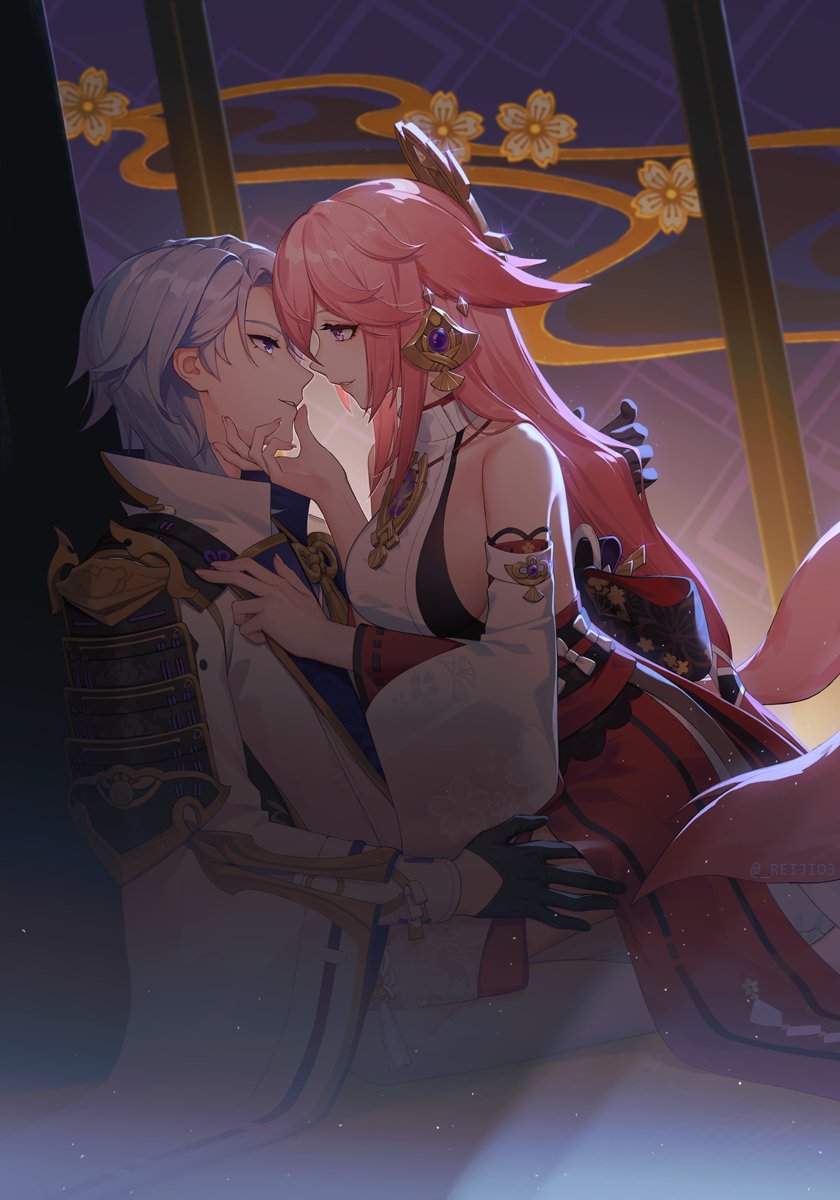 yae miko and kamisato ayato (genshin impact) drawn by rj_(lingshih10)