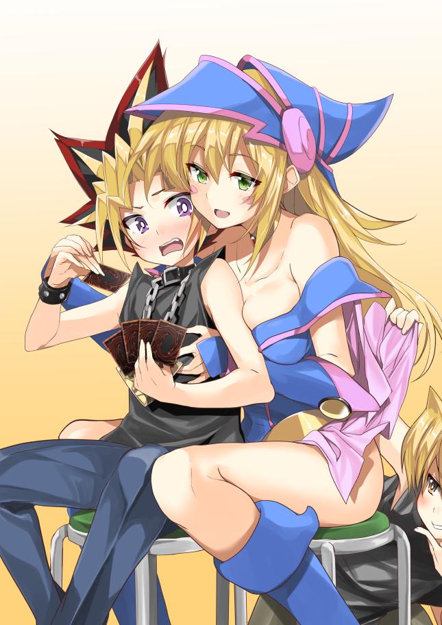 dark magician girl, muto yugi, and jonouchi katsuya (yu-gi-oh! and 1 more) drawn by gintarou_(kurousagi108)