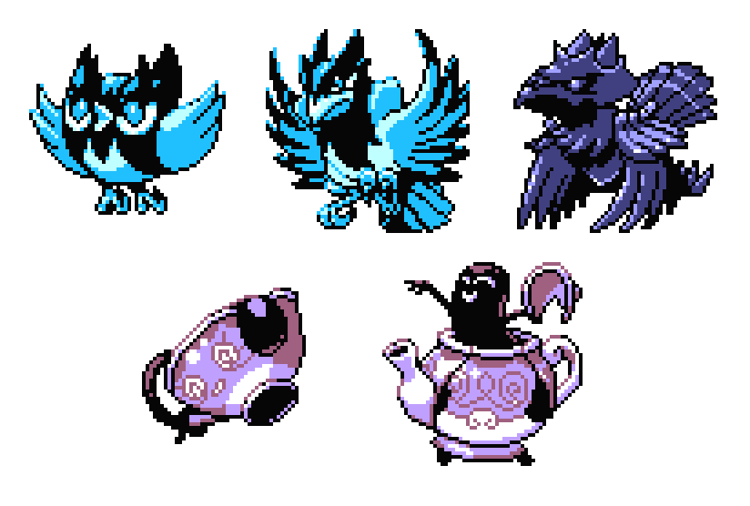 corviknight, polteageist, sinistea, rookidee, and corvisquire (pokemon and 2 more) drawn by pat_attackerman
