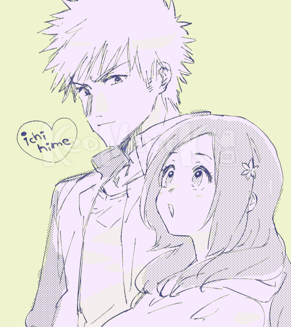 inoue orihime and kurosaki ichigo (bleach) drawn by merick