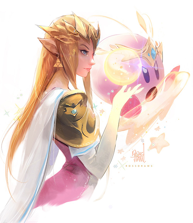 princess zelda and kirby (the legend of zelda and 2 more) drawn by ross_tran