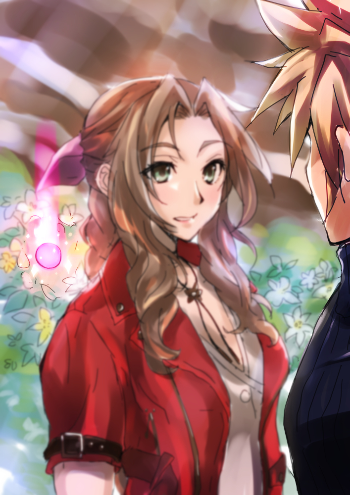cloud strife and aerith gainsborough (final fantasy and 2 more) drawn by wochi