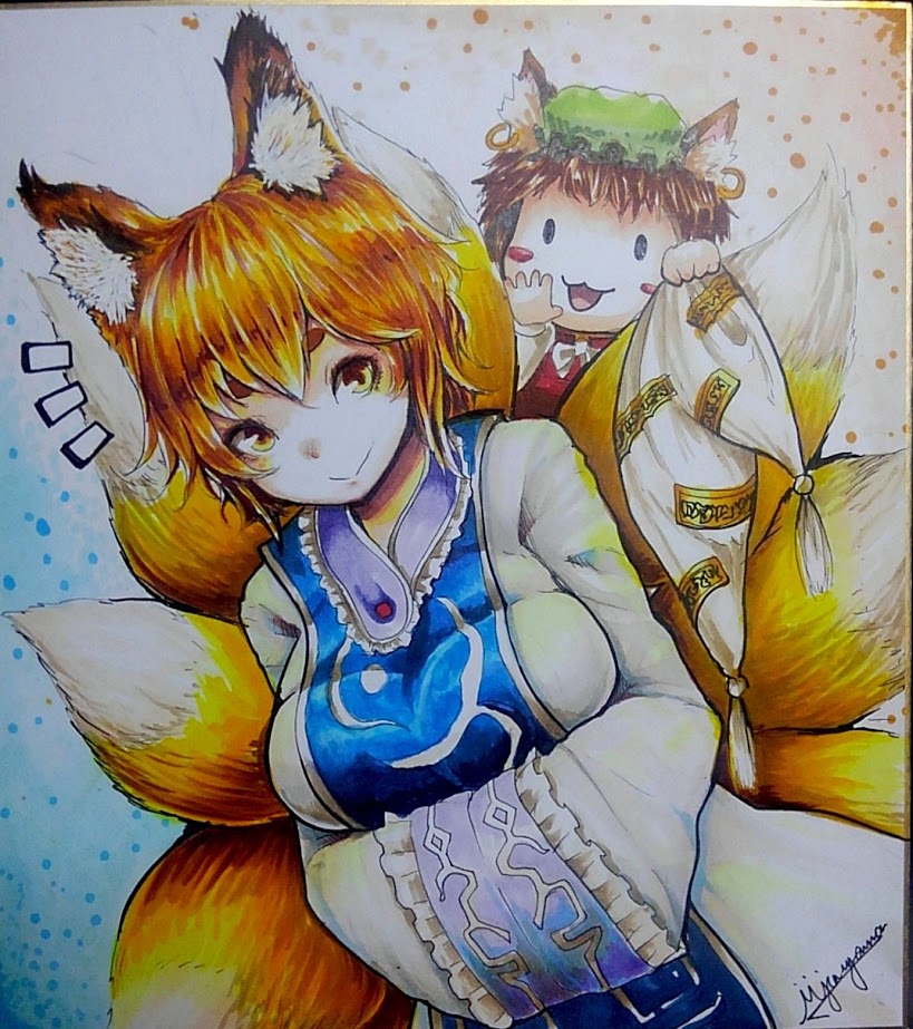yakumo ran and chen (touhou) drawn by jonasan_(bad-t)