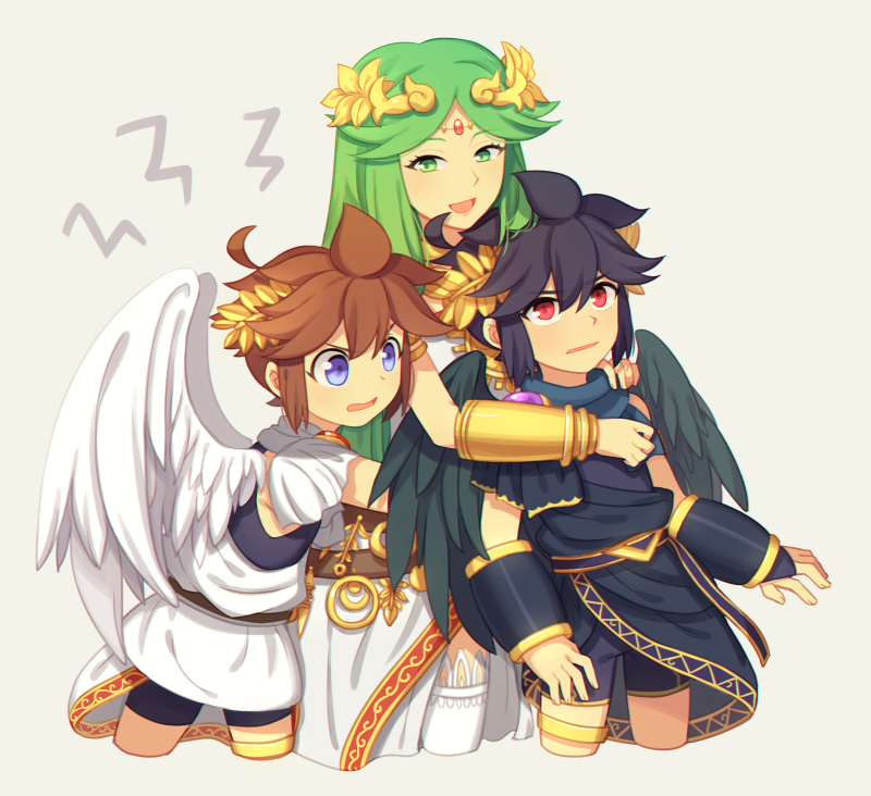 palutena, pit, and dark pit (kid icarus and 1 more) drawn by wusagi2