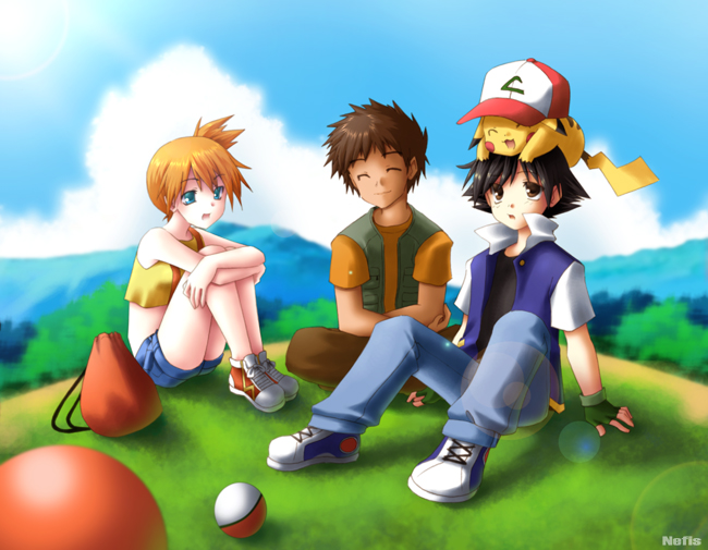 pikachu, ash ketchum, misty, and brock (pokemon) drawn by nefis