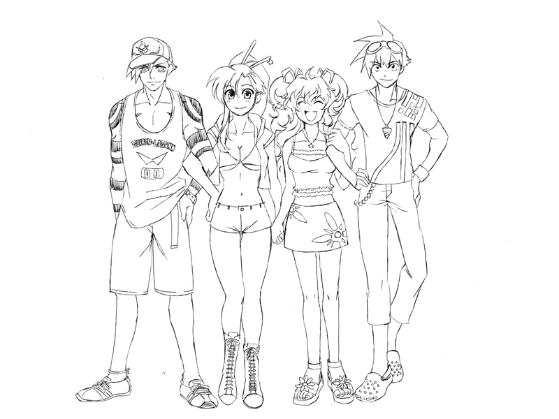 yoko littner, nia teppelin, simon, and kamina (tengen toppa gurren lagann) drawn by akagi_gishou