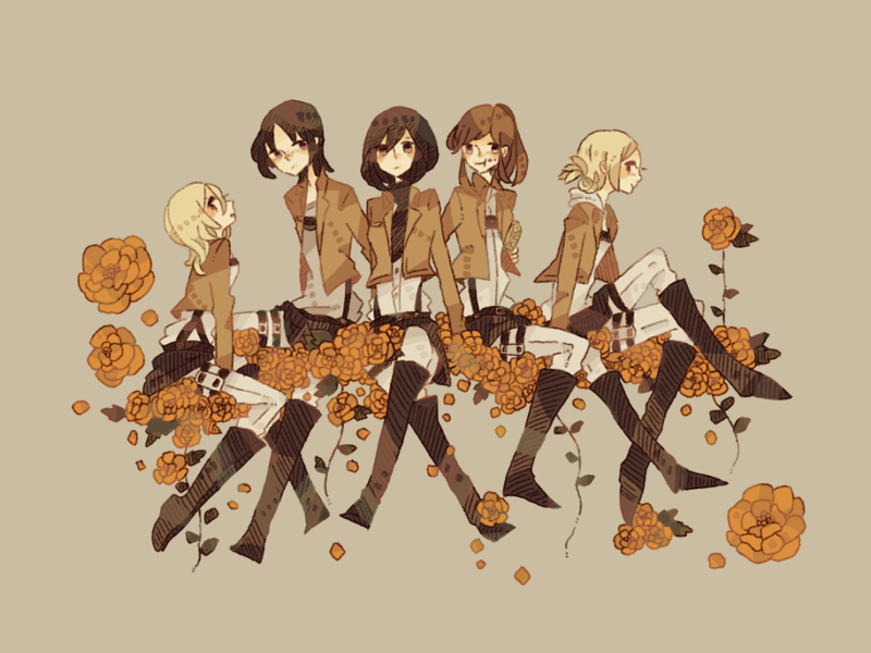 mikasa ackerman, krista lenz, ymir, annie leonhart, and sasha blouse (shingeki no kyojin) drawn by ie_(niwaniwa)