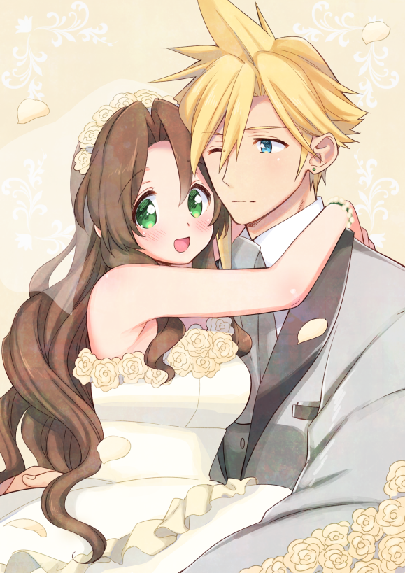 cloud strife and aerith gainsborough (final fantasy and 1 more) drawn by krudears