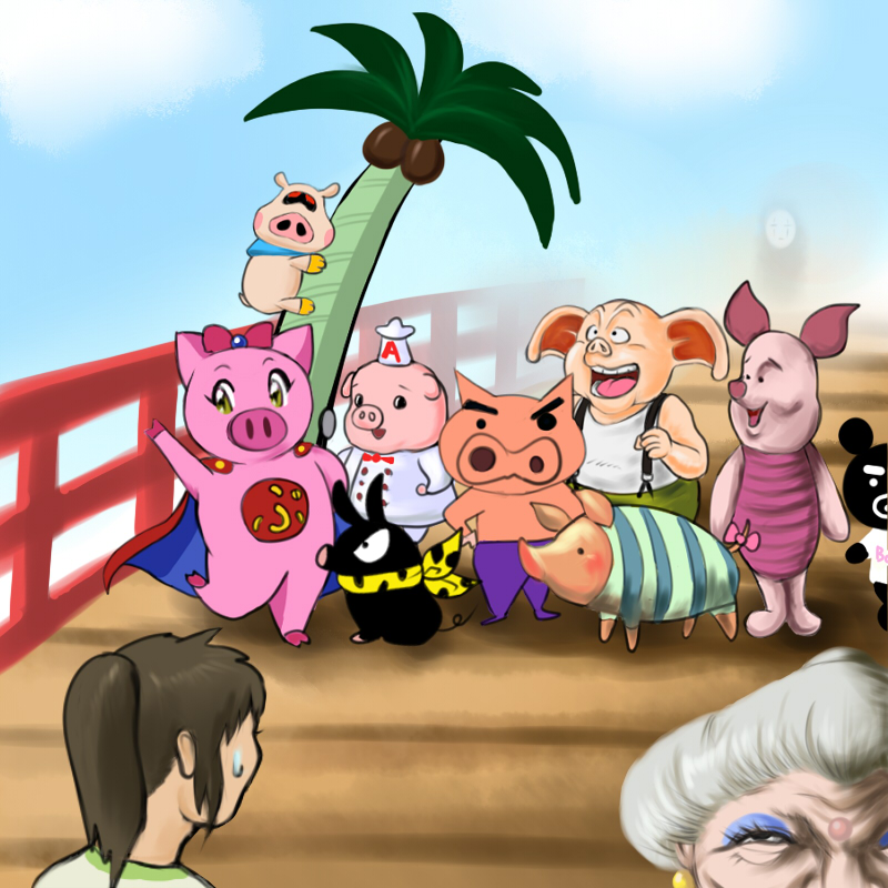 ogino chihiro, p-chan, kaonashi, oolong, poogie, and 6 more (dragon ball and 9 more) drawn by bosatu
