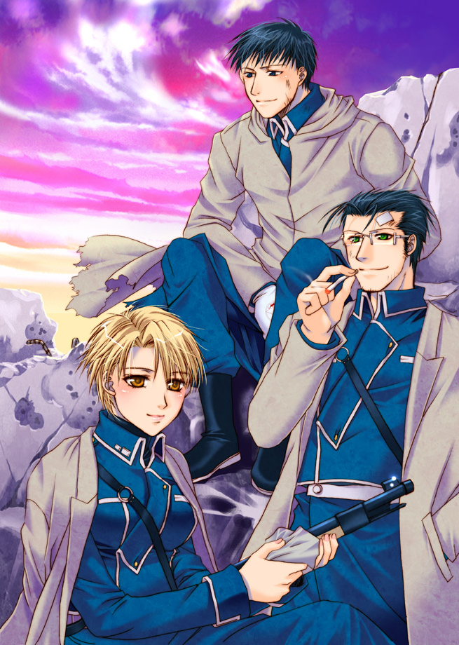 riza hawkeye, roy mustang, and maes hughes (fullmetal alchemist) drawn by asano_akira