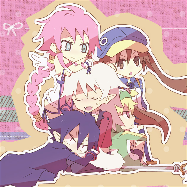 prinny, kazamatsuri fuuka, valvatorez, vulcanus, fenrich, and 1 more (disgaea and 1 more) drawn by lodge_(clockworld)