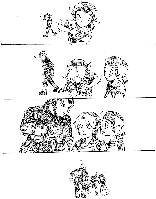 link, princess zelda, ganondorf, young link, and young zelda (the legend of zelda and 1 more) drawn by goma_tonbi