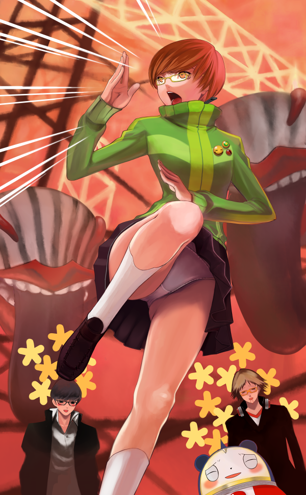 narukami yu, satonaka chie, hanamura yousuke, and kuma (persona and 1 more) drawn by izumi_(walnov)