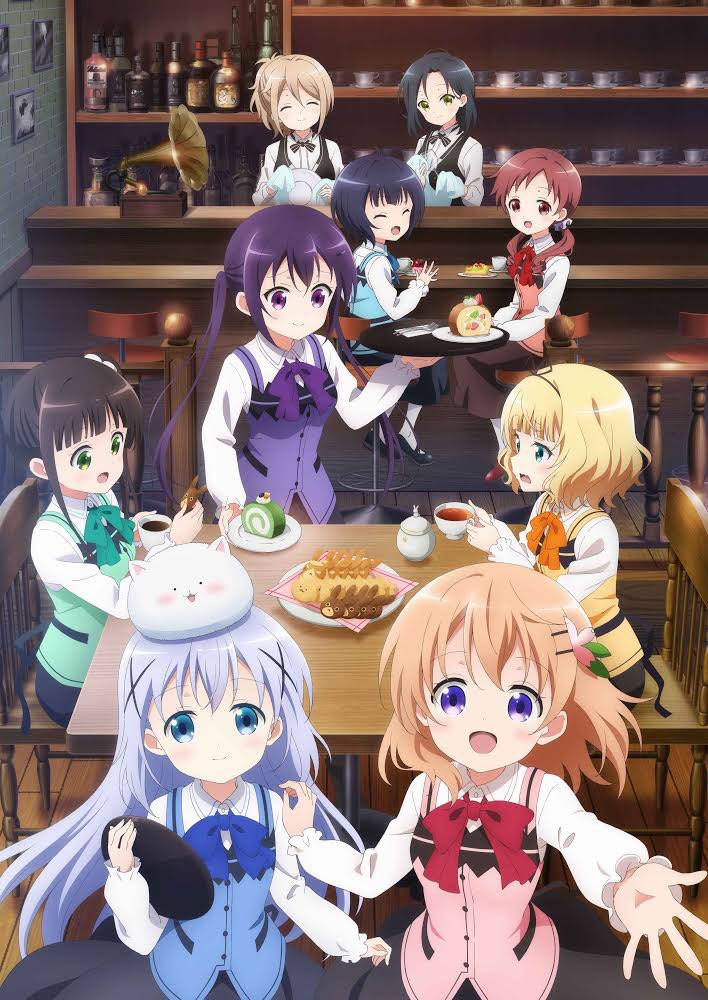 kafuu chino, hoto cocoa, kirima syaro, tippy, tedeza rize, and 5 more (gochuumon wa usagi desu ka?) drawn by okuda_yousuke