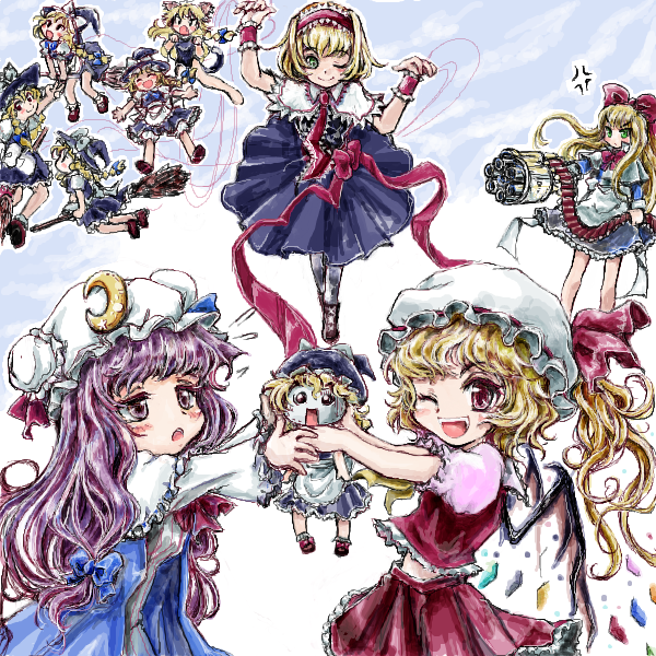 kirisame marisa, flandre scarlet, alice margatroid, patchouli knowledge, and shanghai doll (touhou) drawn by nanashii_(soregasisan)
