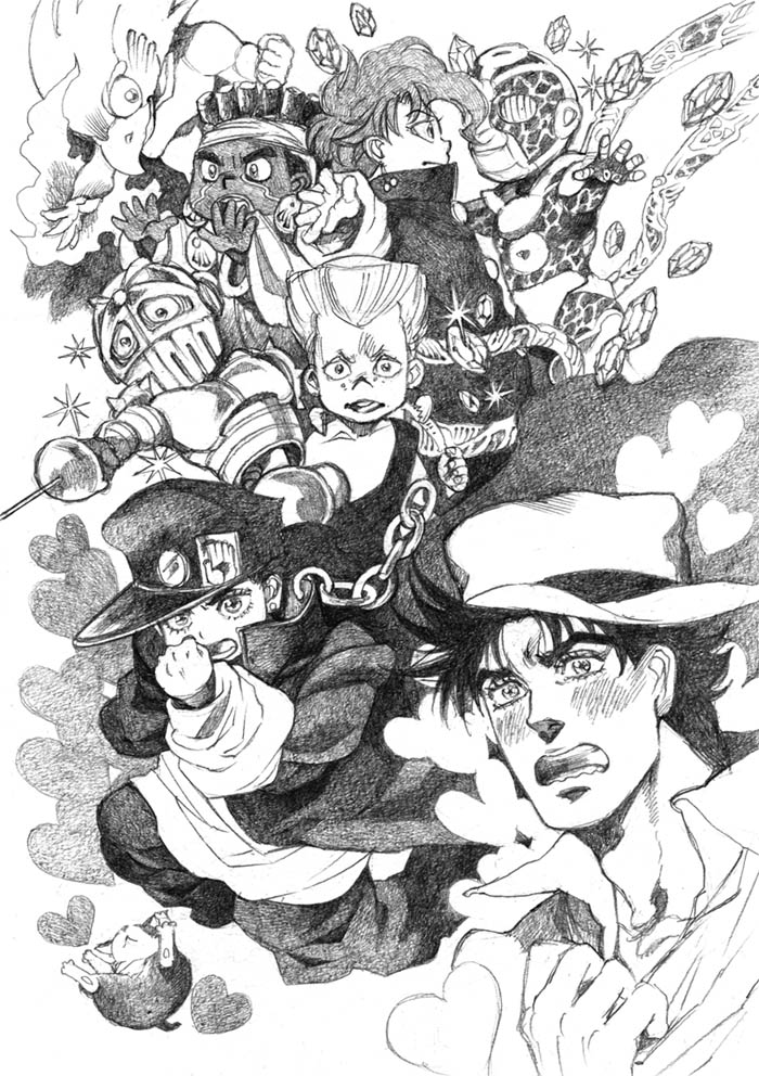 joseph joestar, kujo jotaro, kakyoin noriaki, jean pierre polnareff, mohammed avdol, and 3 more (jojo no kimyou na bouken and 1 more) drawn by bud_(korovsme)