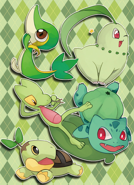 bulbasaur, snivy, chikorita, treecko, and turtwig (pokemon) drawn by gg_dal