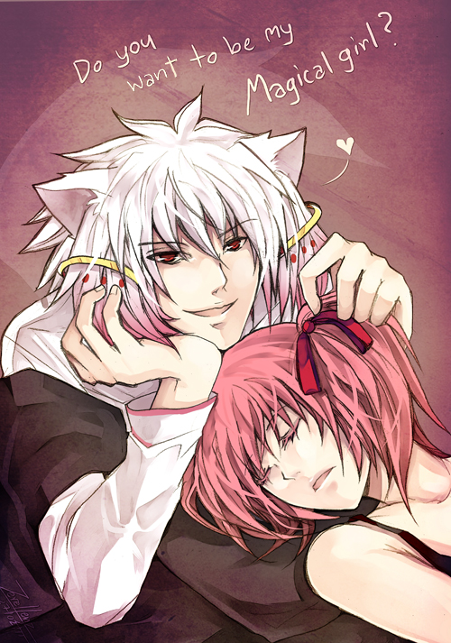 kaname madoka and kyubey (mahou shoujo madoka magica) drawn by zerellenz