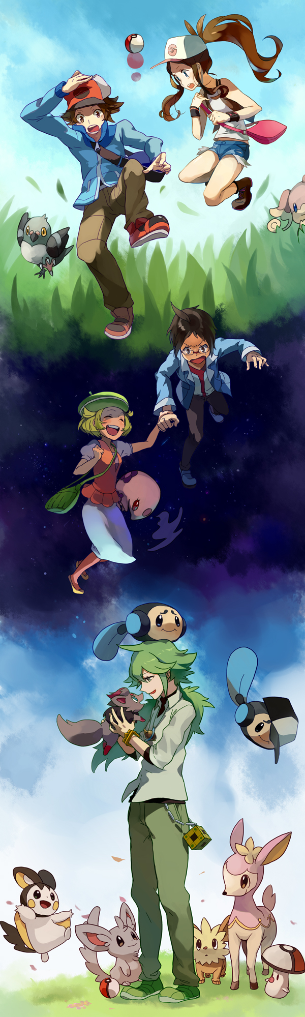 hilda, hilbert, n, bianca, cheren, and 10 more (pokemon and 1 more) drawn by cornibk