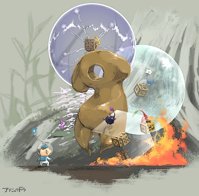 red pikmin, yellow pikmin, blue pikmin, winged pikmin, rock pikmin, and 2 more (pikmin and 1 more) drawn by kusa0093