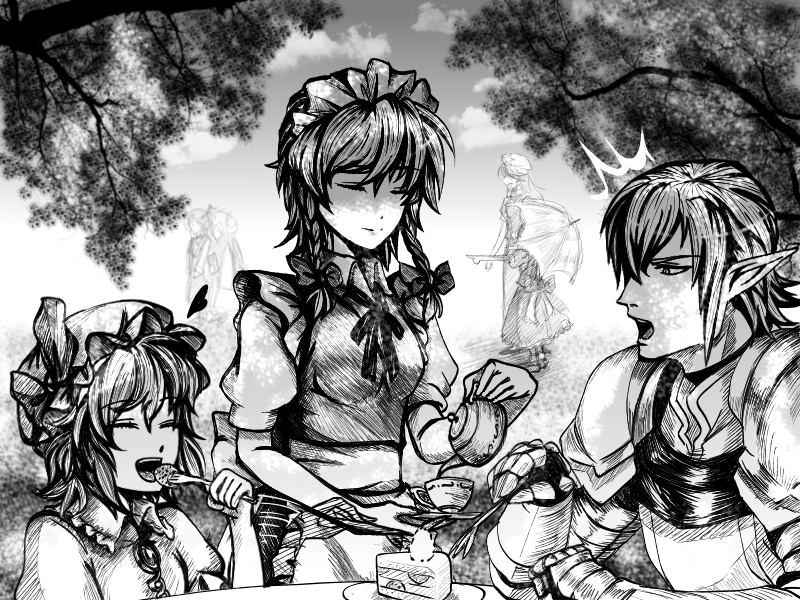 remilia scarlet, flandre scarlet, izayoi sakuya, patchouli knowledge, hong meiling, and 2 more (touhou and 3 more) drawn by maruman