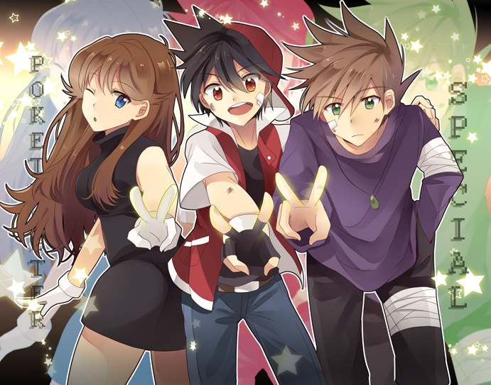 red, blue oak, and green (pokemon and 1 more) drawn by chocho_(homelessfox)