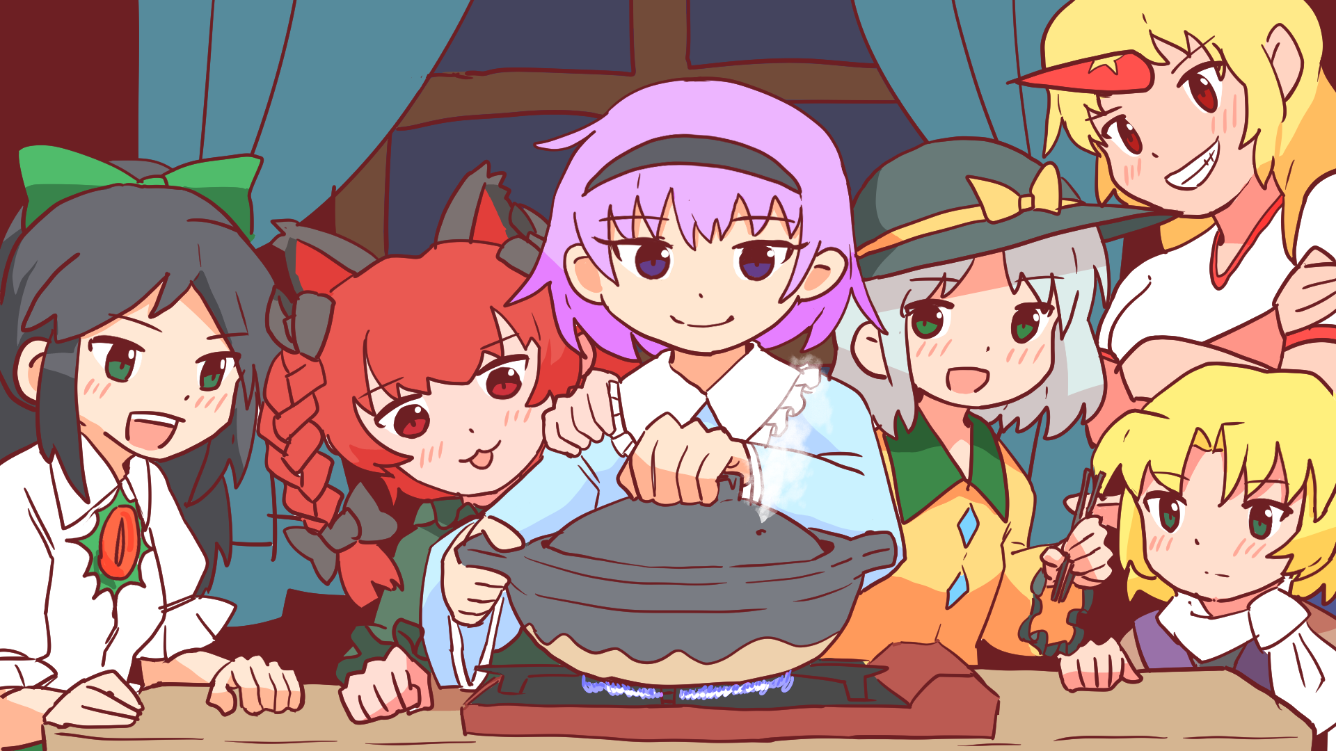 komeiji koishi, komeiji satori, kaenbyou rin, reiuji utsuho, mizuhashi parsee, and 7 more (touhou and 1 more) drawn by leftame