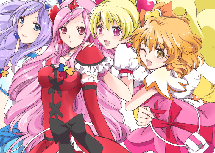 higashi setsuna, momozono love, cure peach, yamabuki inori, aono miki, and 3 more (precure and 1 more) drawn by akina_tsukako