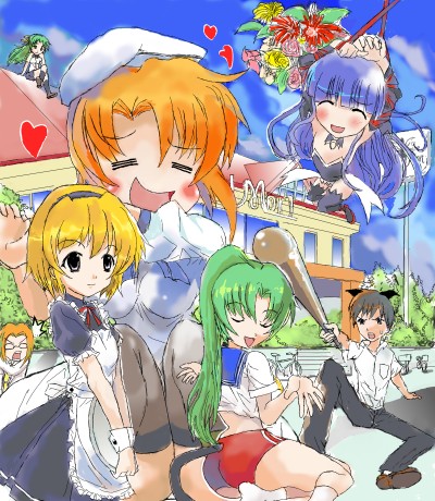 furude rika, ryuuguu rena, houjou satoko, sonozaki mion, sonozaki shion, and 2 more (higurashi no naku koro ni) drawn by takahiro_(rikky)