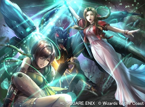 cloud strife, aerith gainsborough, and yuffie kisaragi (final fantasy and 5 more) drawn by hokuyuu