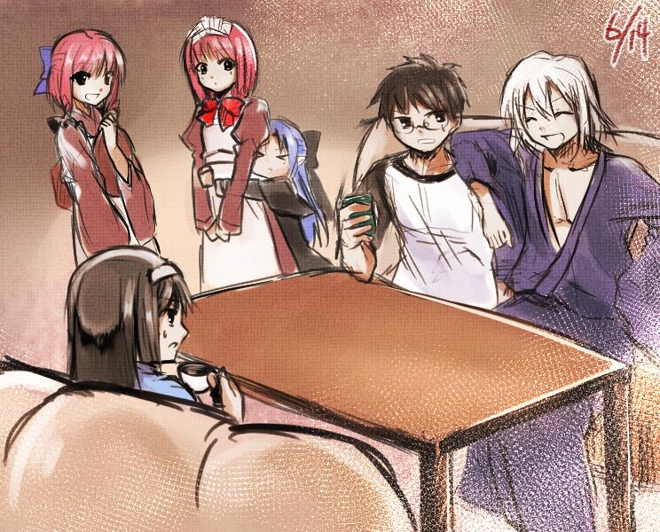 tohno akiha, kohaku, tohno shiki, hisui, and len (tsukihime and 1 more) drawn by yasuo_(torinikukani)