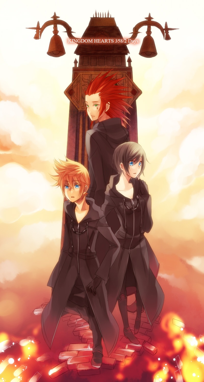 roxas, xion, and axel (kingdom hearts and 1 more) drawn by noriuma