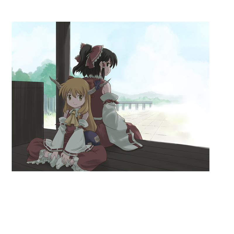 hakurei reimu and ibuki suika (touhou) drawn by haniwa_(leaf_garden)