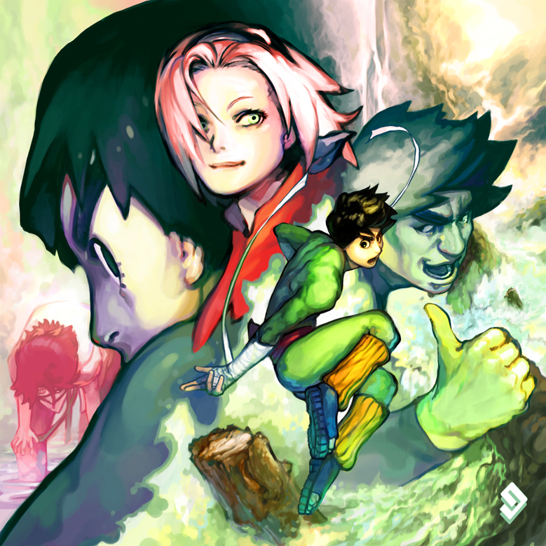 haruno sakura, rock lee, and might guy (naruto) drawn by chad_walker