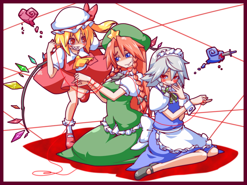 flandre scarlet, izayoi sakuya, and hong meiling (touhou) drawn by ekus_(xo_ekus)