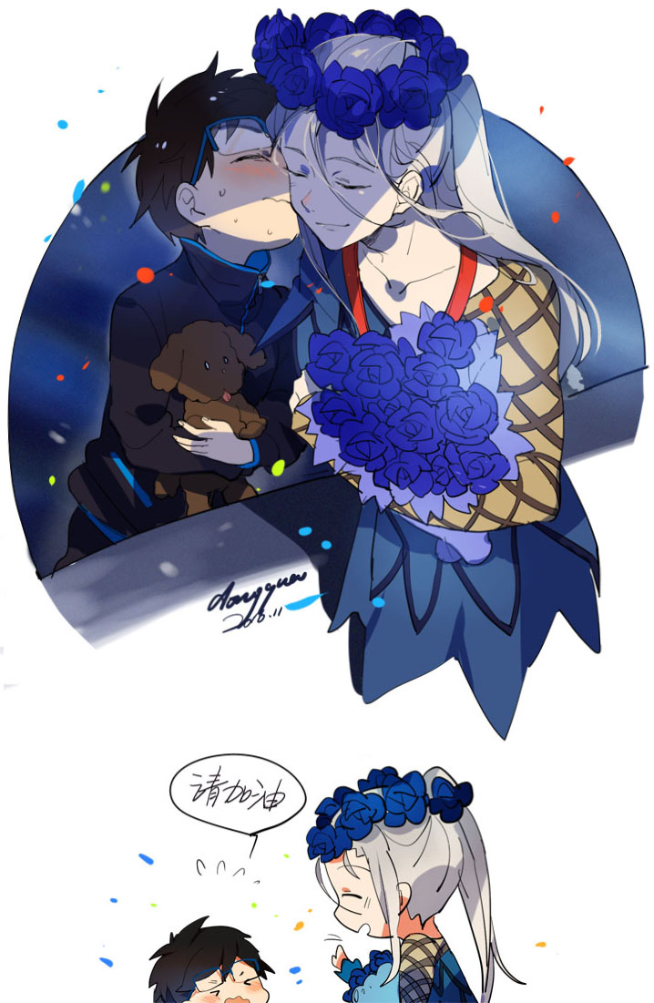 katsuki yuuri, viktor nikiforov, and vicchan (yuri!!! on ice) drawn by yanzhan